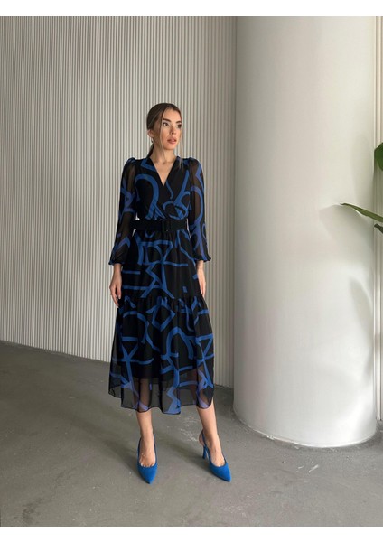 Kemerli Desenli Şifon Elbise Mavi