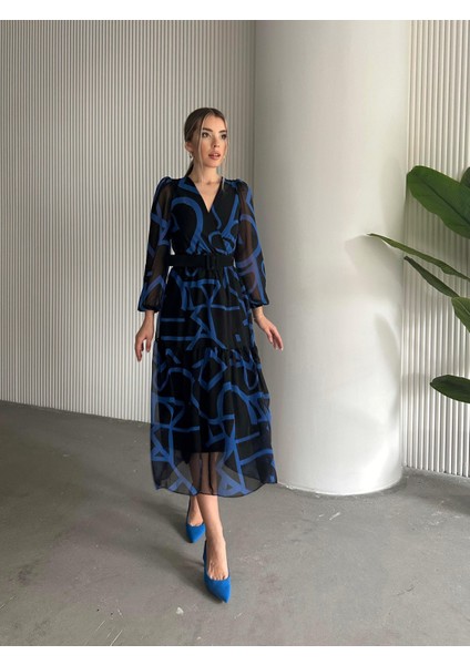 Kemerli Desenli Şifon Elbise Mavi