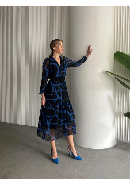 Kemerli Desenli Şifon Elbise Mavi