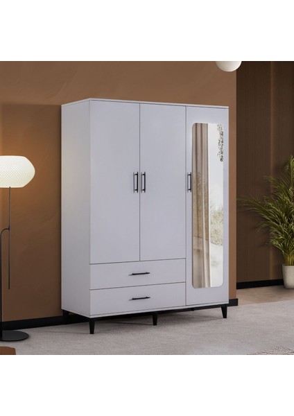 Dolap, Blesk 3 Kapaklı Aynaı Çekmeceli Beyaz Dolap Gardırop