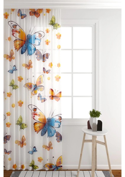 Tül Perde Renkli Kelebekler Çocuk Odası Tül Perde Seyrek Pile (1x2)