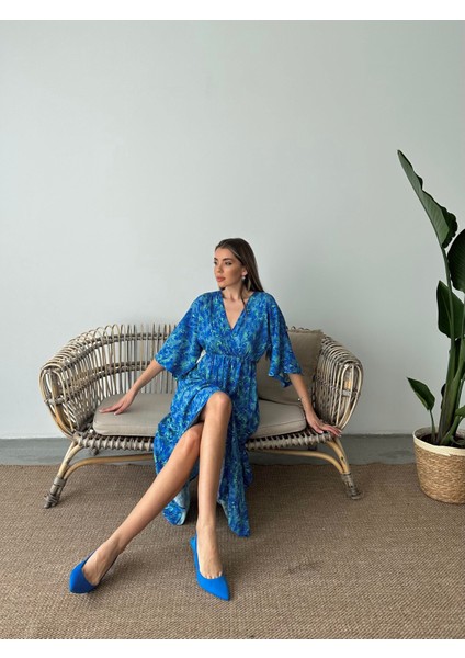 Beli Lastikli Önü Yırtmaçlı Viskon Elbise Mavi fiyatları