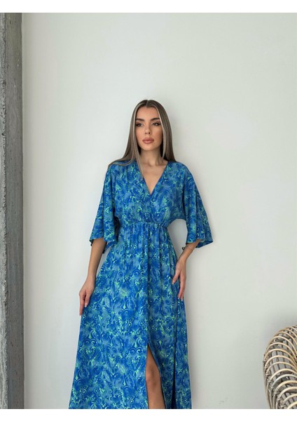 Beli Lastikli Önü Yırtmaçlı Viskon Elbise Mavi modelleri