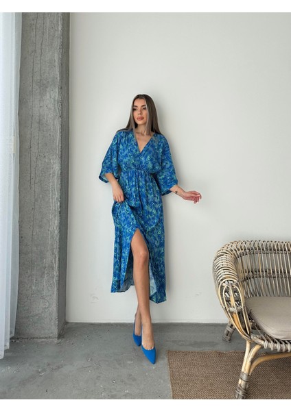 Beli Lastikli Önü Yırtmaçlı Viskon Elbise Mavi fırsatları