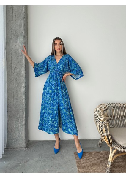 Beli Lastikli Önü Yırtmaçlı Viskon Elbise Mavi indirimleri