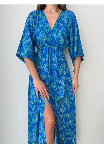 Beli Lastikli Önü Yırtmaçlı Viskon Elbise Mavi