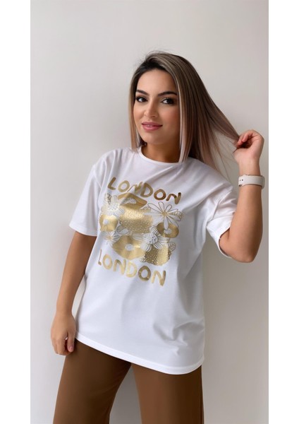 London Varak Baskılı Tişört Ekru