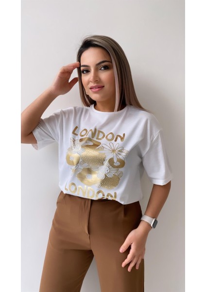 London Varak Baskılı Tişört Ekru modelleri