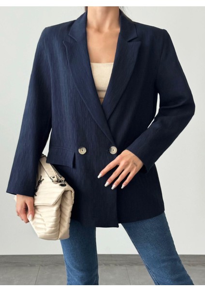 Pliseli Çift Düğme Oversize Ceket Lacivert