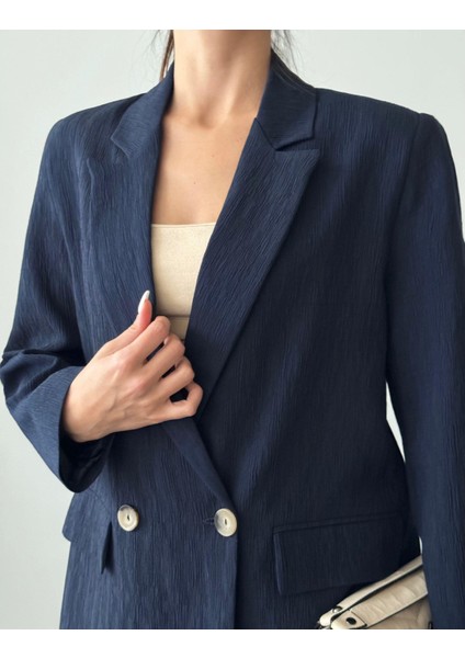 Pliseli Çift Düğme Oversize Ceket Lacivert fırsatları