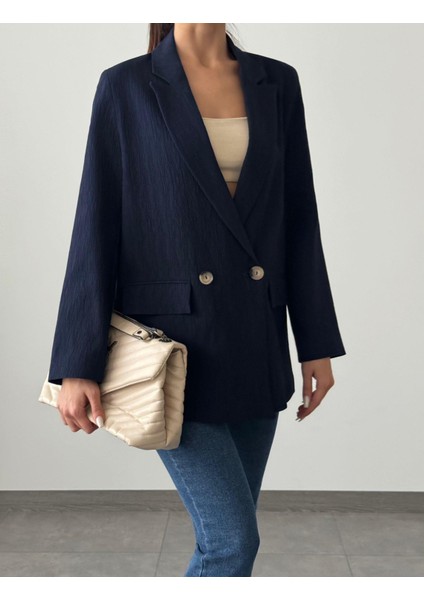 Pliseli Çift Düğme Oversize Ceket Lacivert indirimleri
