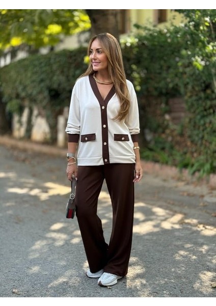 Kadın Uzun Kollu Ribanali Cep Detay Hırka ve Bol Paça Pantolon Ikili Takım