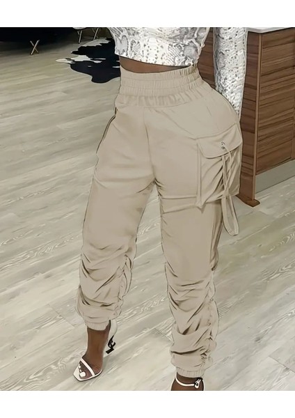 Kadın Yüksek Bel Beli Lastikli Kargo Cep Detaylı Gabardin Pantolon modelleri