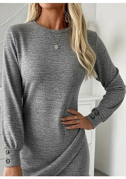 Kadın Uzun Kollu Bisiklet Yaka Önden Asimetrik Kesim Detaylı Mini Yumoş Elbise fiyatları