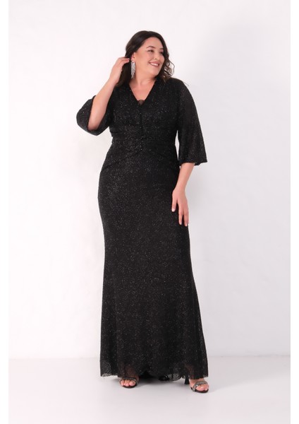 Kadın Siyah V Yaka Boncuklu Büyük Beden Abiye Elbise
