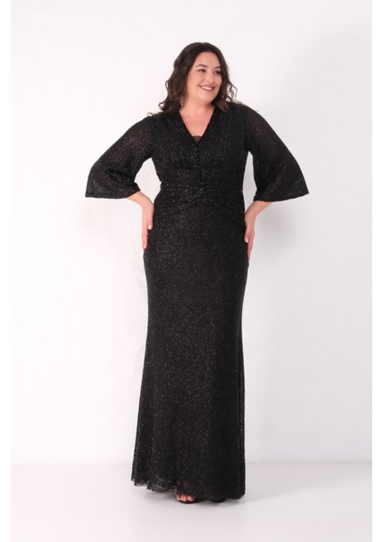 Kadın Siyah V Yaka Boncuklu Büyük Beden Abiye Elbise fiyatları