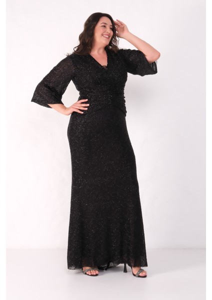 Kadın Siyah V Yaka Boncuklu Büyük Beden Abiye Elbise modelleri