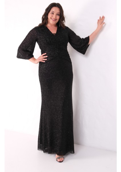 Kadın Siyah V Yaka Boncuklu Büyük Beden Abiye Elbise fırsatları