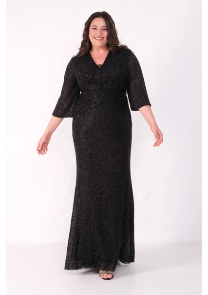 Kadın Siyah V Yaka Boncuklu Büyük Beden Abiye Elbise indirimleri