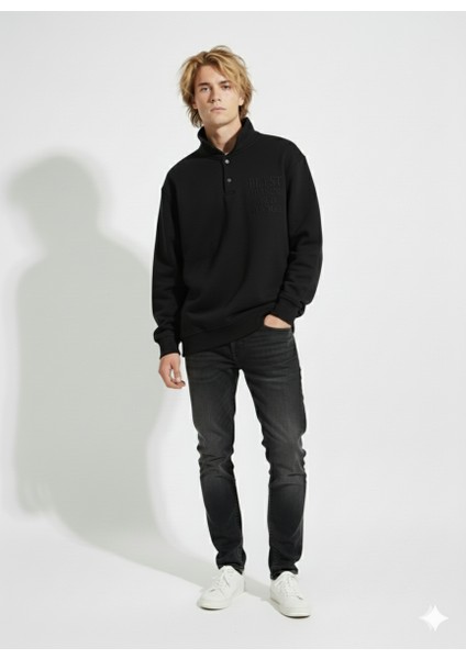 Unisex Regular Çift Iplik Yumuşak Dokulu Düğmeli Sweatshirt