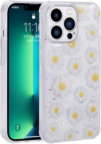 iPhone 13 Pro Max Uyumlu Simli Desenli Kamera Korumalı Parlak Vlmt Popy Kapak-Papatya