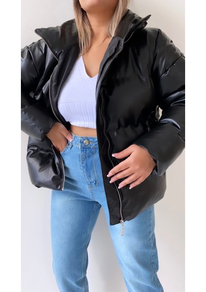 Şişme Geniş Yaka Deri Mont Siyah