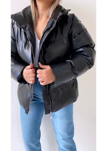 Şişme Geniş Yaka Deri Mont Siyah fiyatları