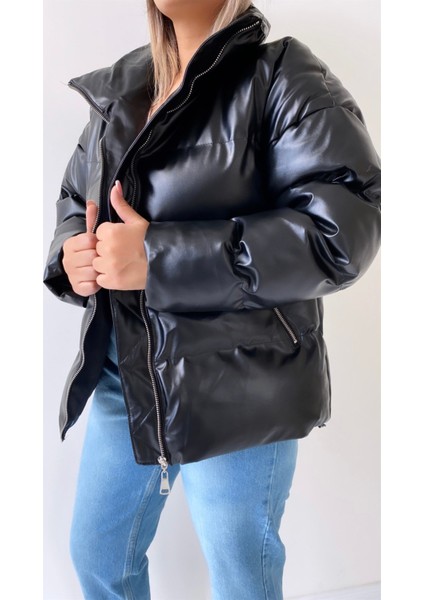 Şişme Geniş Yaka Deri Mont Siyah modelleri