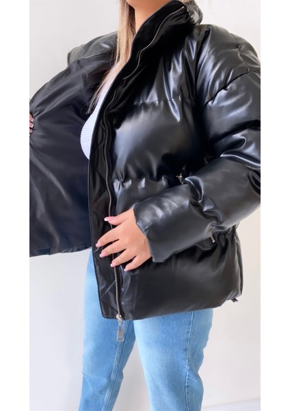 Şişme Geniş Yaka Deri Mont Siyah fırsatları