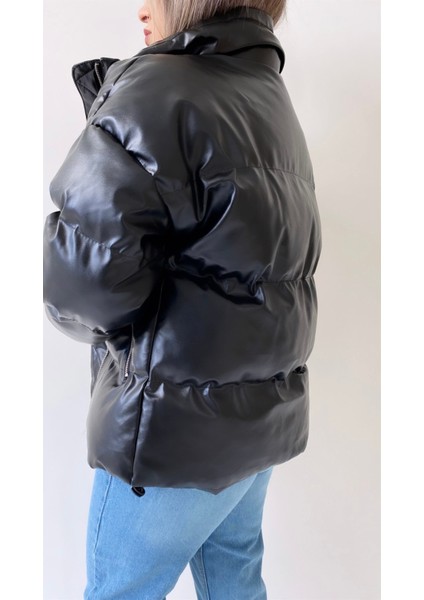 Şişme Geniş Yaka Deri Mont Siyah indirimleri