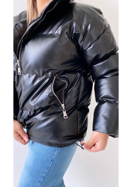 Şişme Geniş Yaka Deri Mont Siyah