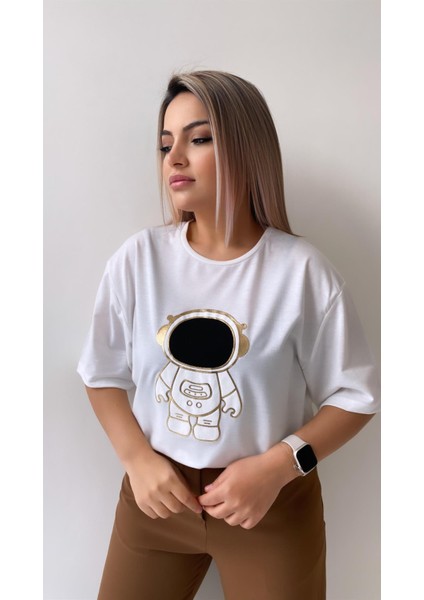 Uzaylı Varak Baskılı Tişört Ekru