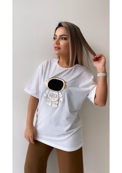 Uzaylı Varak Baskılı Tişört Ekru