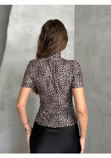 Balıkçı Yaka Kısa Kol Leopar Bluz Kahverengi