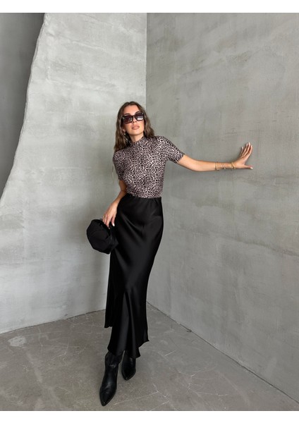 Balıkçı Yaka Kısa Kol Leopar Bluz Kahverengi