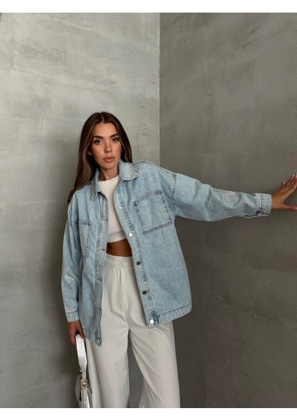 Tasarım Taşlı Kot Ceket Mavi