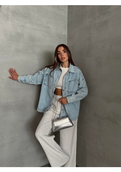 Tasarım Taşlı Kot Ceket Mavi