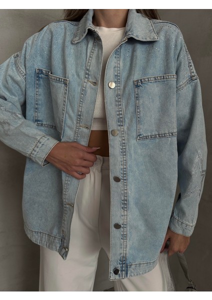 Tasarım Taşlı Kot Ceket Mavi