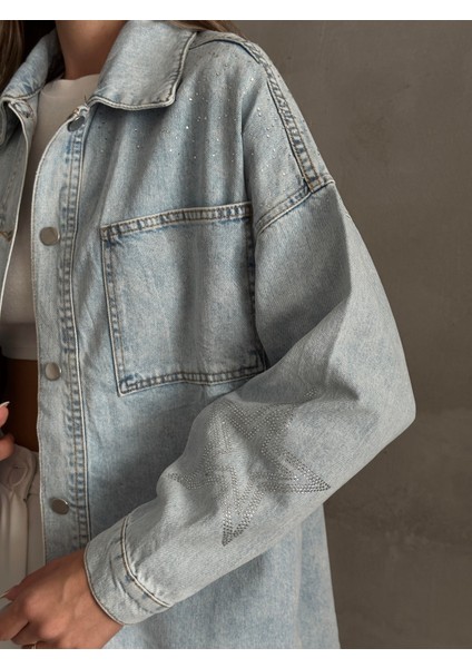 Tasarım Taşlı Kot Ceket Mavi