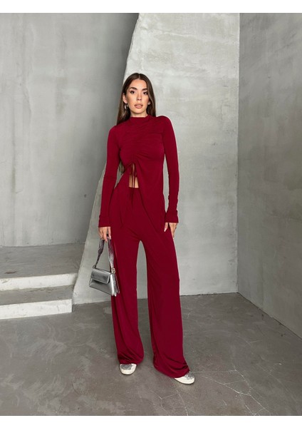 Büzgü Detay Modal Takım Bordo