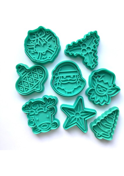 8'li Yılbaşı Lüks Kurabiye Kalıbı Seti | Noel Baba, Geyik, Elf, Çelenk | Kış Temalı Parti ve Hediye Fikri | Şeker Hamuru ve Kil Şekillendirici