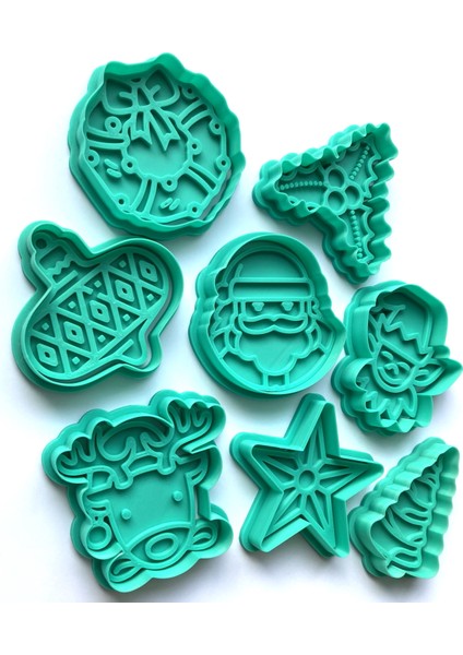 8'li Yılbaşı Lüks Kurabiye Kalıbı Seti | Noel Baba, Geyik, Elf, Çelenk | Kış Temalı Parti ve Hediye Fikri | Şeker Hamuru ve Kil Şekillendirici modelleri