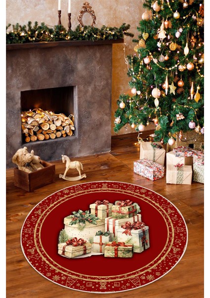 Yeni Yıl Hediye Temalı Kırmızı Dijital Baskılı Yıkanabilir Yuvarlak Halı