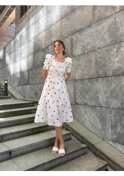 Kirazlı Balon Kol Poplin Elbise Ekru