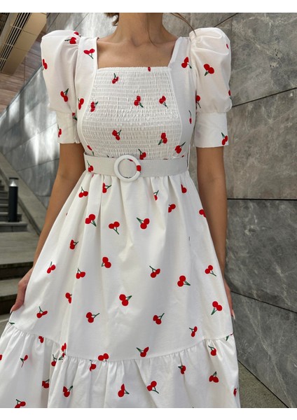 Kirazlı Balon Kol Poplin Elbise Ekru fiyatları