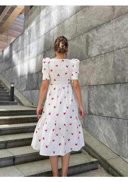 Kirazlı Balon Kol Poplin Elbise Ekru indirimleri