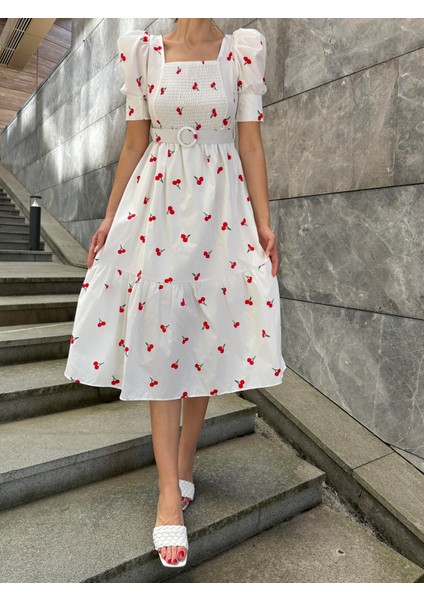 Kirazlı Balon Kol Poplin Elbise Ekru