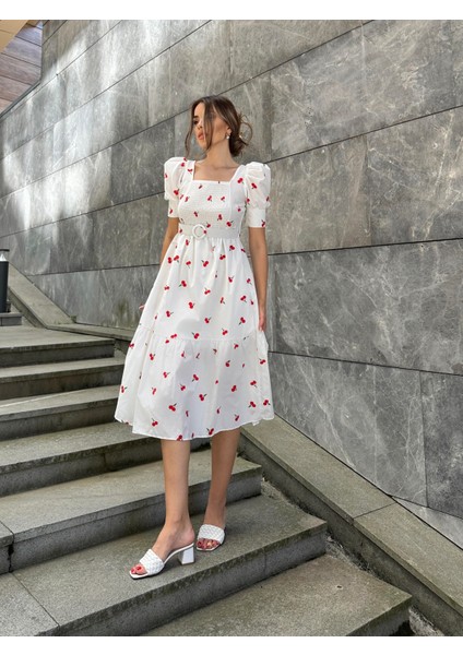 Kirazlı Balon Kol Poplin Elbise Ekru