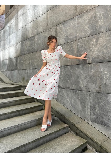 Kirazlı Balon Kol Poplin Elbise Ekru