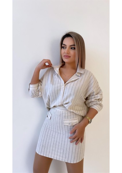 Çizgili Cep Detaylı Mini Keten Etek Taş